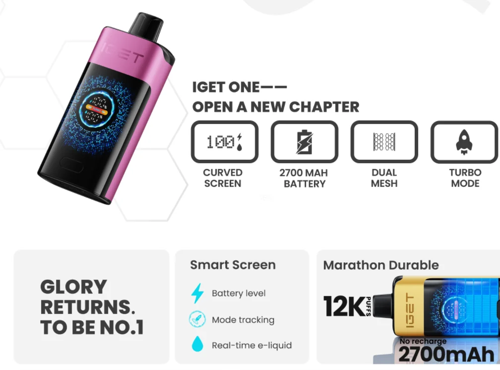 IGET ONE 12,000 puff disposable vape with curved smart screen, 2700mAh battery, dual mesh and turbo mode